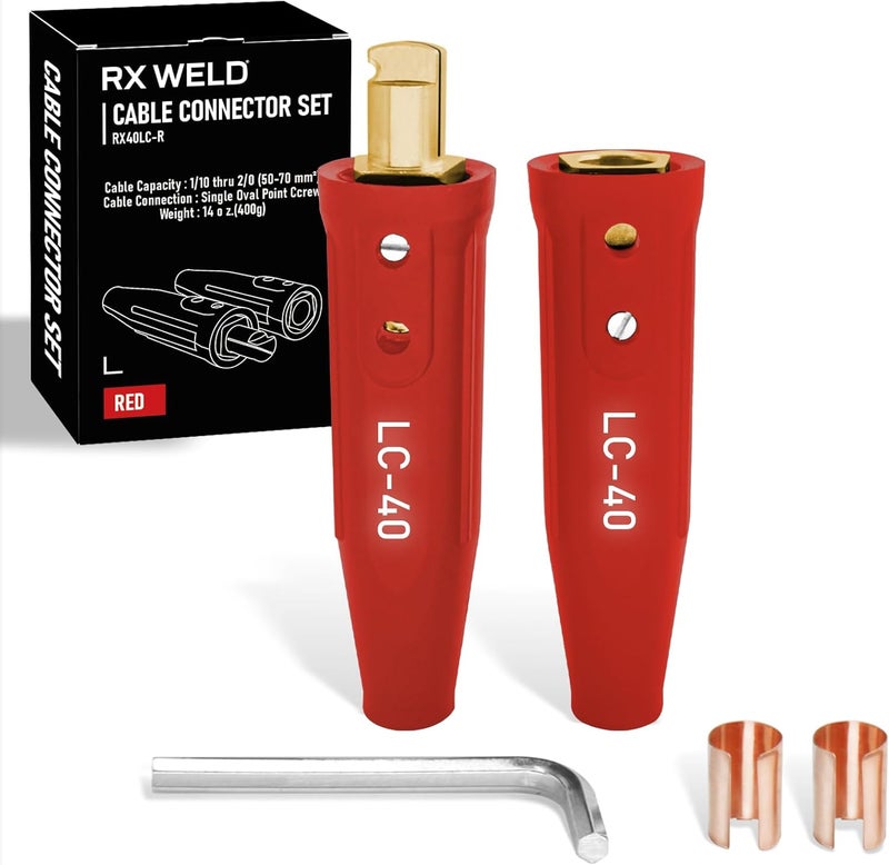 RX WELD LC40 Cable Connector Set, Includes Black Male and Female for Cable Capacity: 1/0 Thru 2/0 (50-70mm²)-Red - Image 1